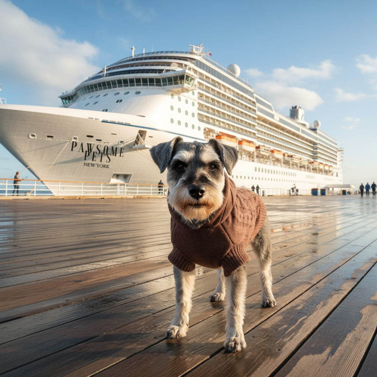 Chien Schnauzer portant un pull en tricot torsadé marron MITZON sur un quai devant un grand paquebot de croisière