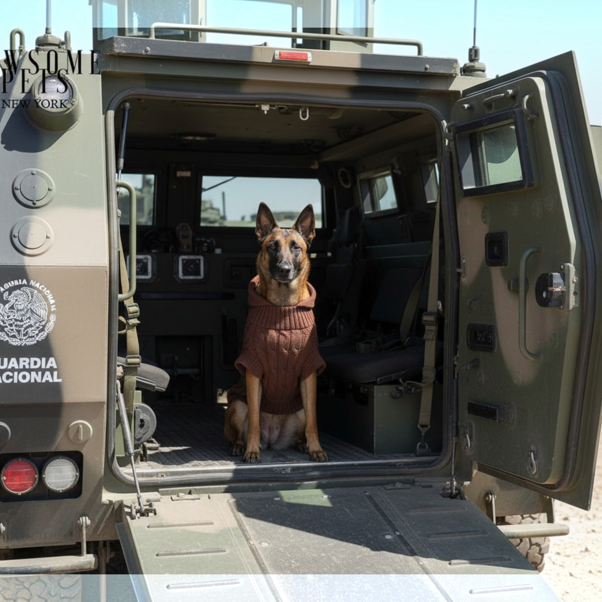 Chien portant un pull en tricot torsadé marron MITZON avec capuche, assis dans un véhicule militaire.