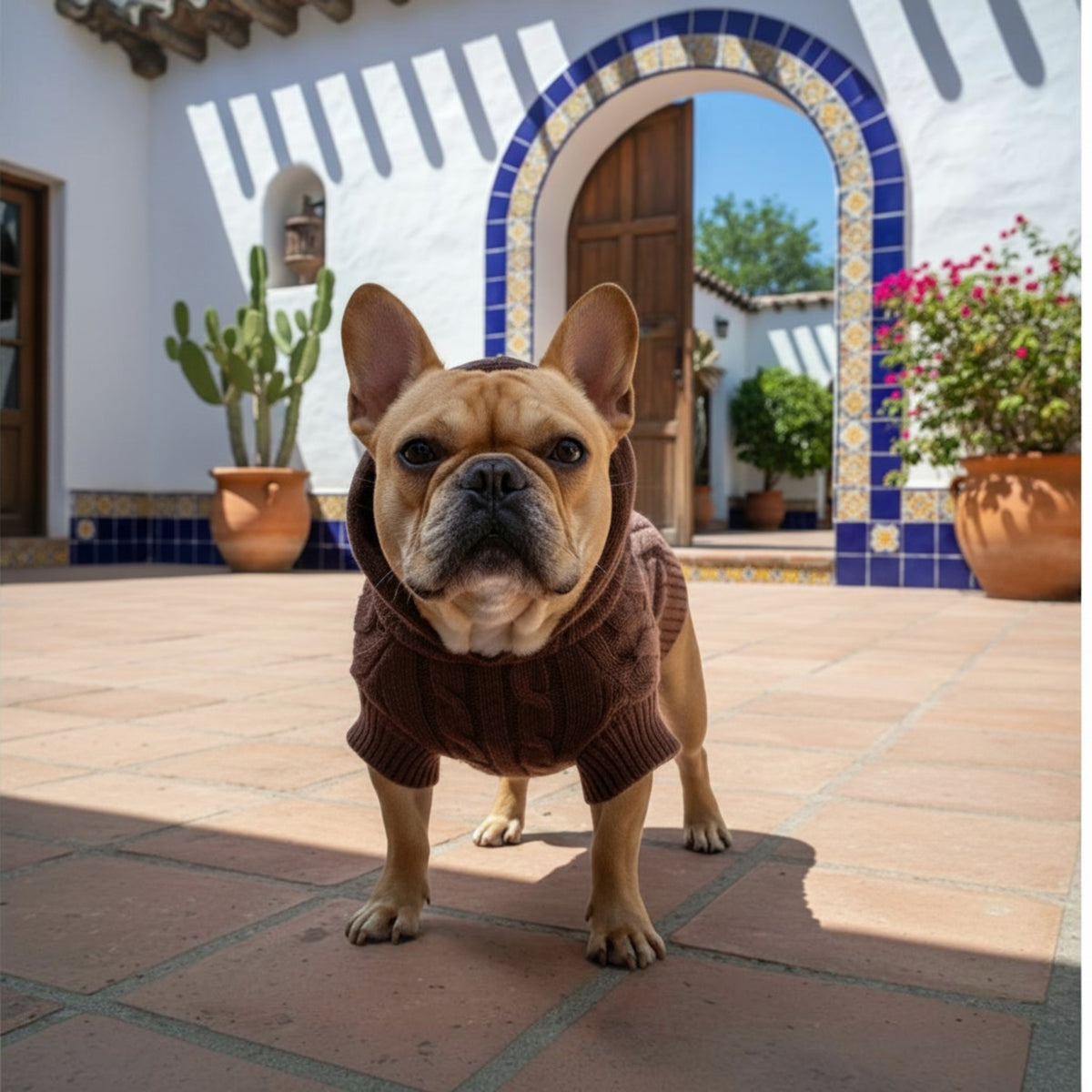 Bouledogue français portant un pull en tricot torsadé marron MITZON avec capuche sur une terrasse ensoleillée