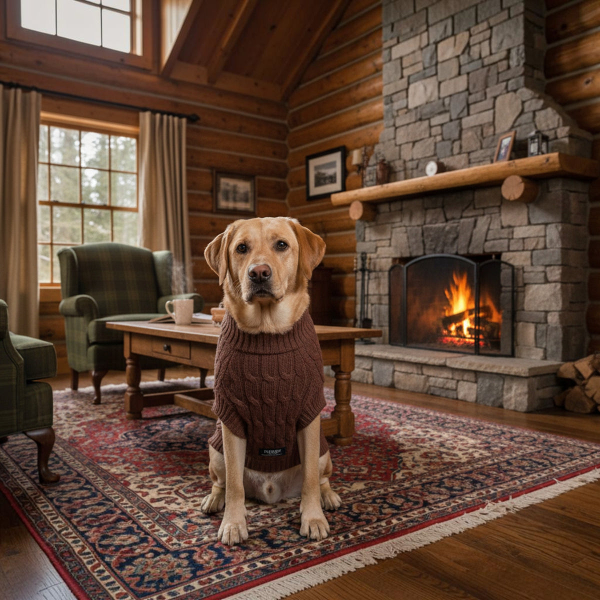 Chien Labrador portant un pull en tricot torsadé marron MITZON dans un salon chaleureux avec cheminée