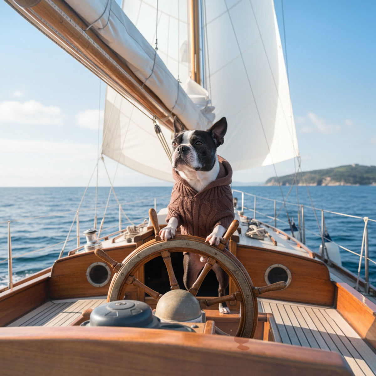 Chien Boston Terrier portant un pull en tricot torsadé marron MITZON avec capuche sur un voilier en mer
