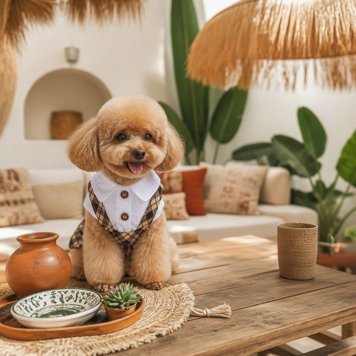 Caniche con vestido cuadros MITZON - cuello blanco y falda de malla - sentado en mesa de madera - moda canina premium