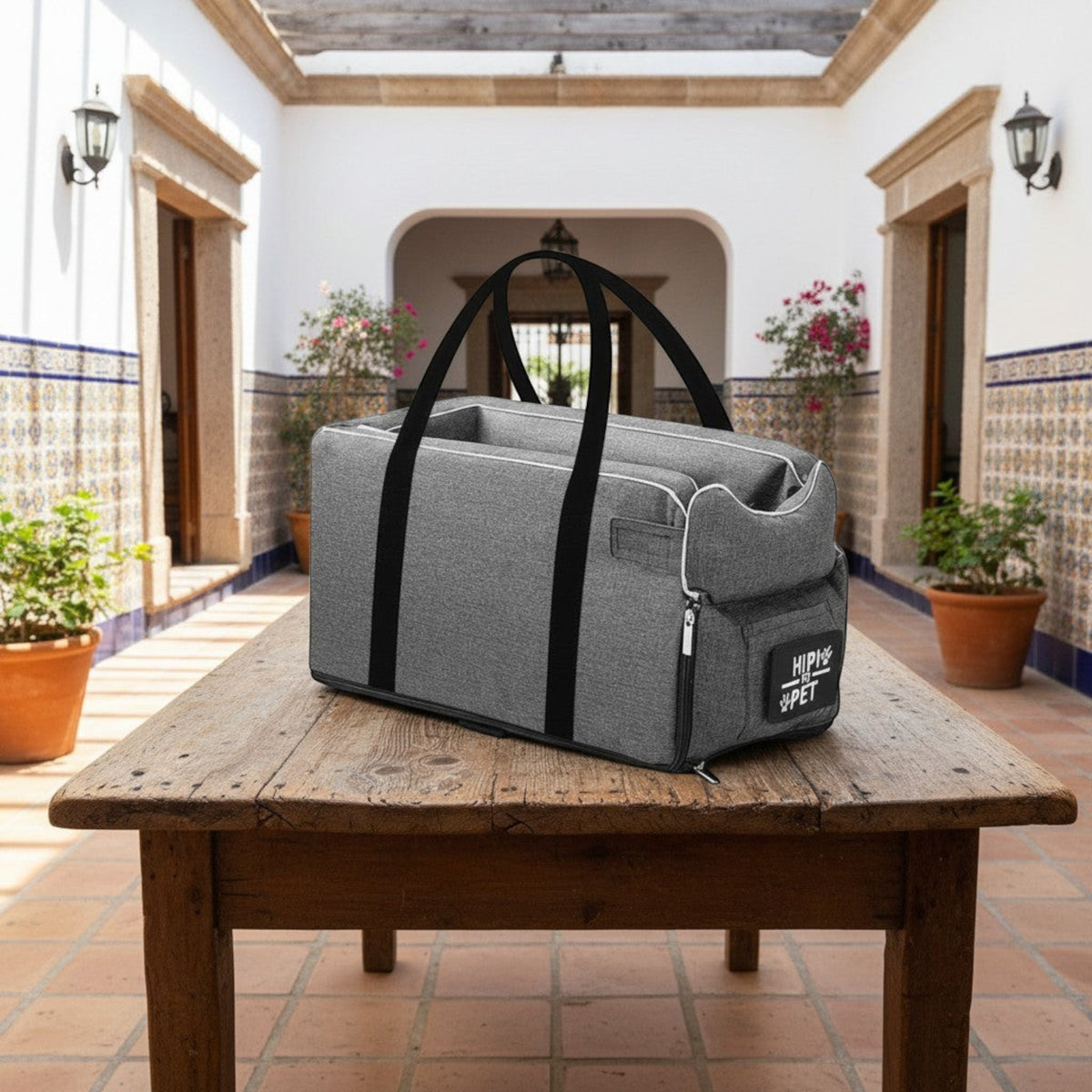 Siège auto de sécurité gris MITZON pour petits chiens et chats en mélange coton et lin avec poignées de transport