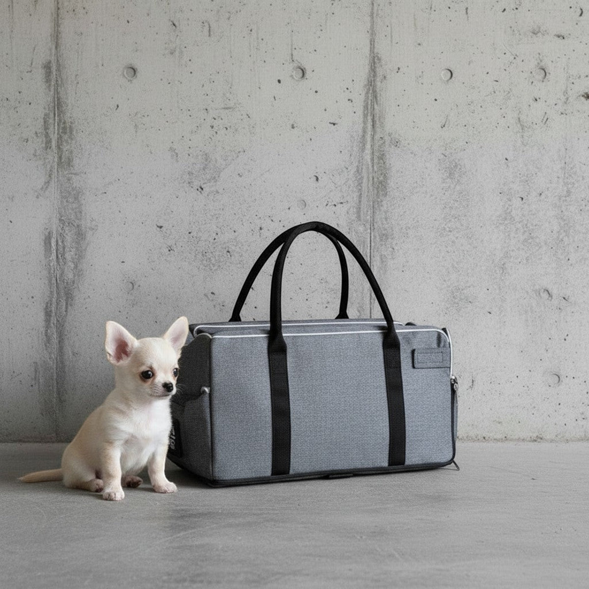 Petit chien chihuahua assis à côté d'un siège auto de transport gris MITZON en coton et lin pour animaux
