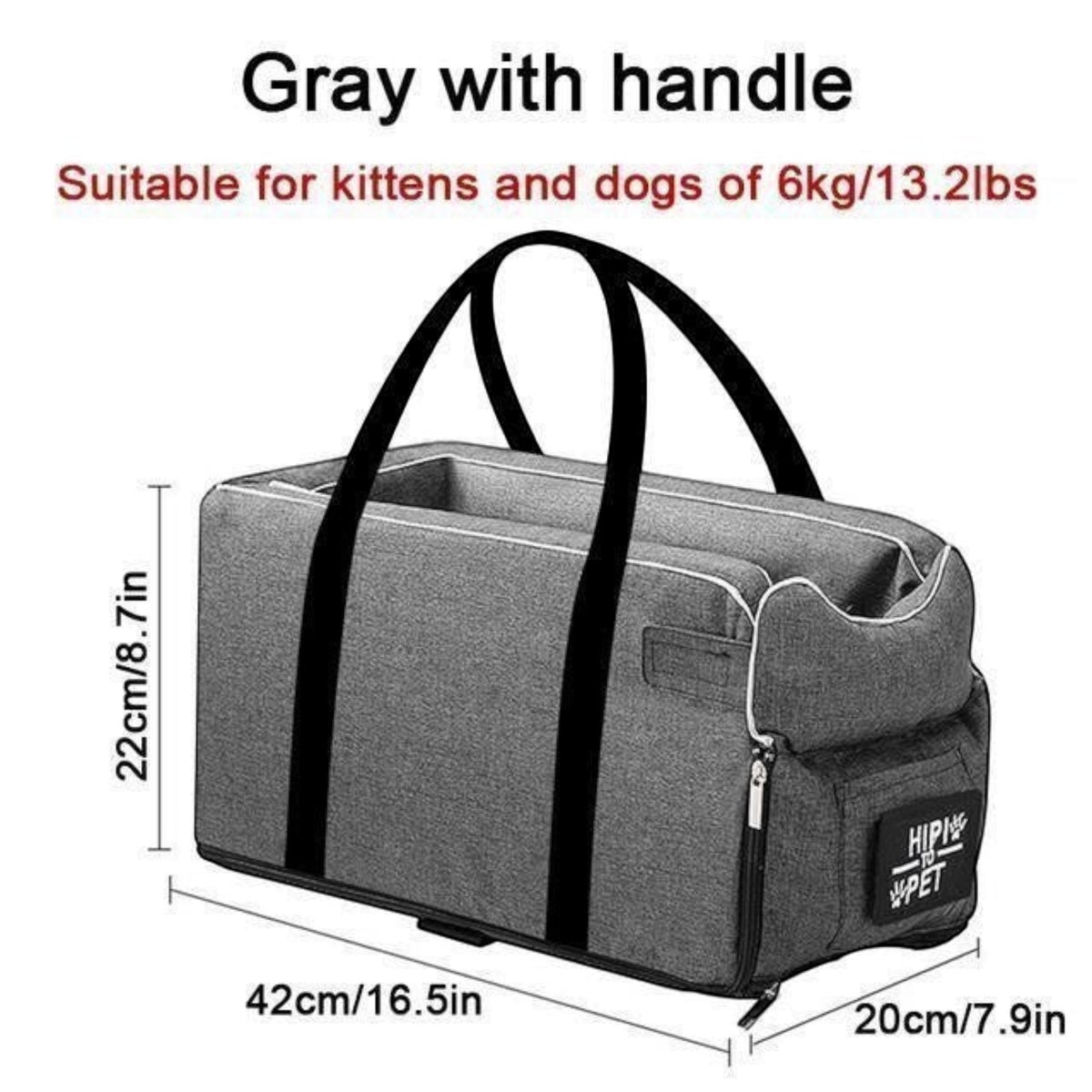 Siège auto de sécurité gris MITZON pour petits chiens et chats, en coton et lin, avec poignées de transport.