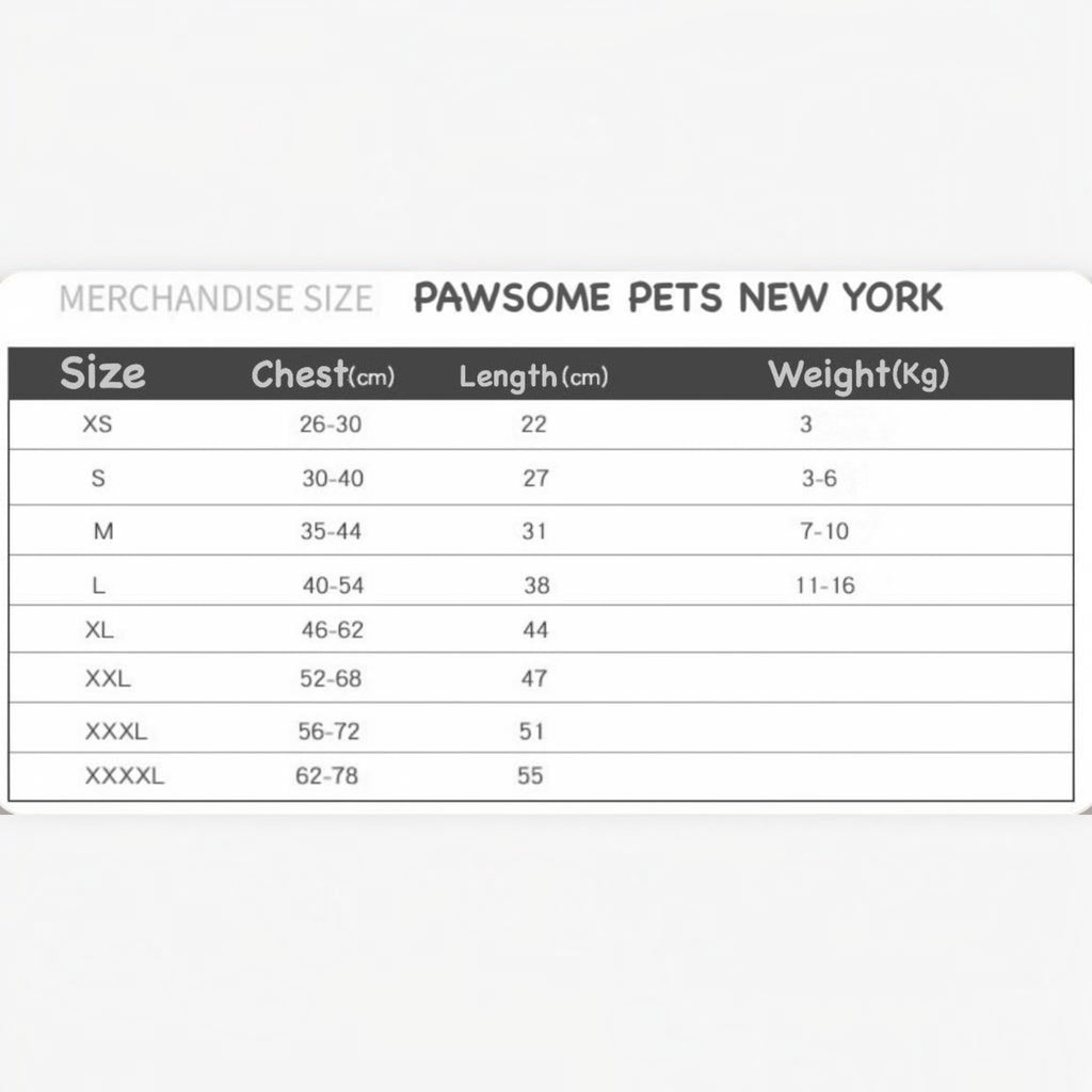 Tableau des tailles MITZON pour vêtements de chien indiquant les mesures de poitrine, longueur et poids en centimètres