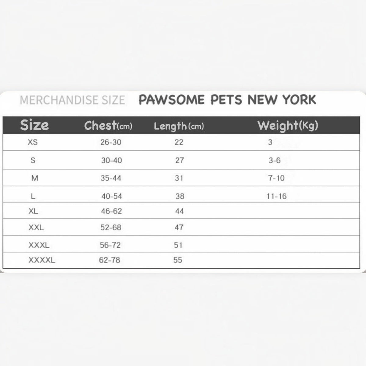 Tableau des tailles MITZON pour vêtements de chien indiquant les mesures de poitrine, longueur et poids en centimètres