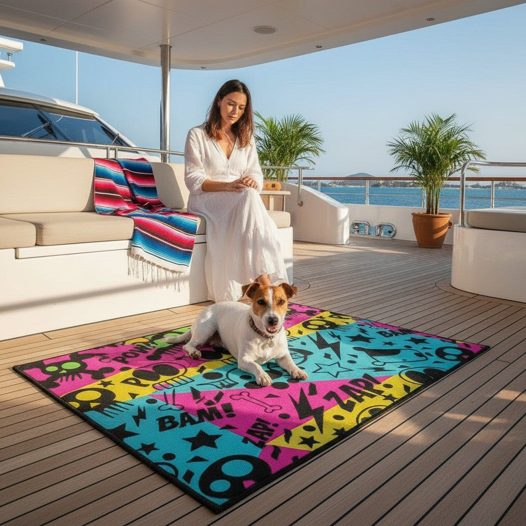Tapis pour chien MITZON avec motif graffiti coloré, posé sur le pont d'un bateau avec un chien et une femme.