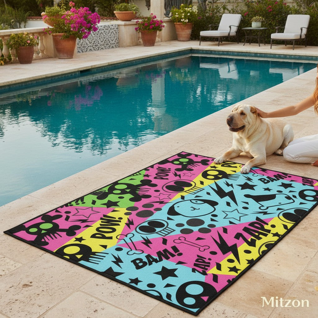 Tapis pour chien MITZON avec motif graffiti coloré, bordure noire et base antidérapante près d'une piscine