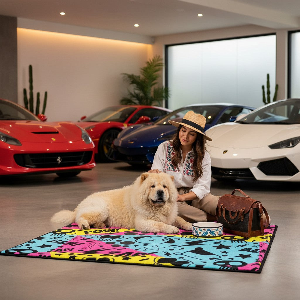 Tapis pour chien MITZON en polyester avec motif graffiti coloré, posé au sol avec un chien Chow Chow et une femme.