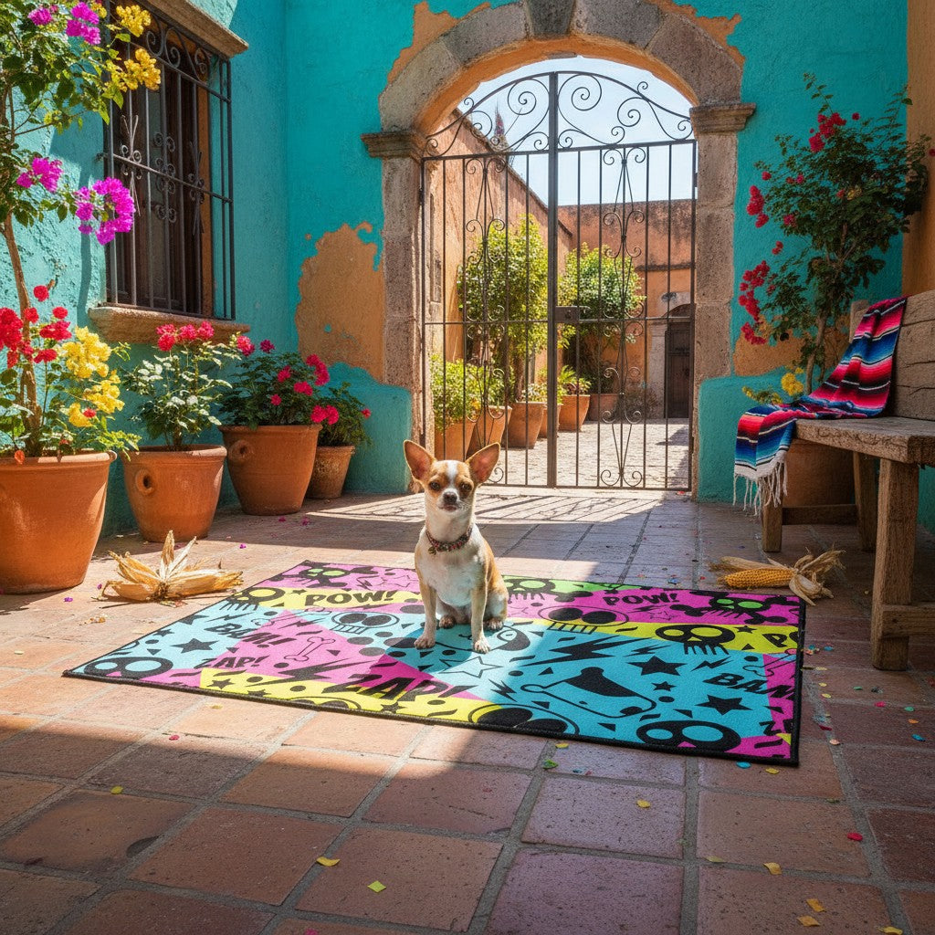 Tapis pour chien MITZON avec motif graffiti coloré, bordure noire et base antidérapante sur un patio en terre cuite.