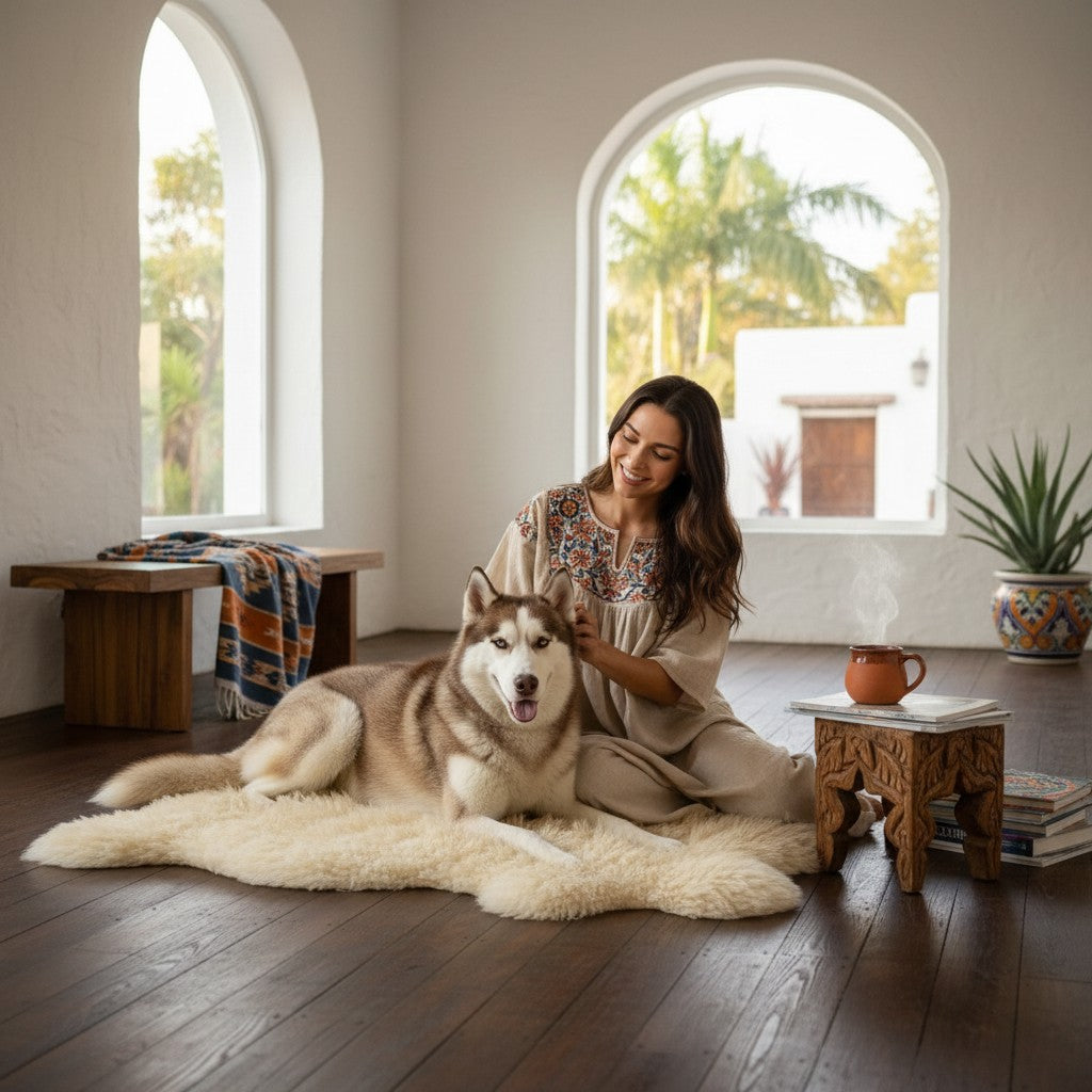 Tapis pour animaux en peau de mouton MITZON couleur grège, doux et naturel, avec un husky allongé dessus.