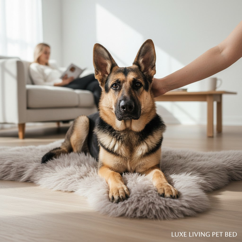 Tapis pour animaux MITZON en peau de mouton greige douce et naturelle, sur lequel est allongé un berger allemand.