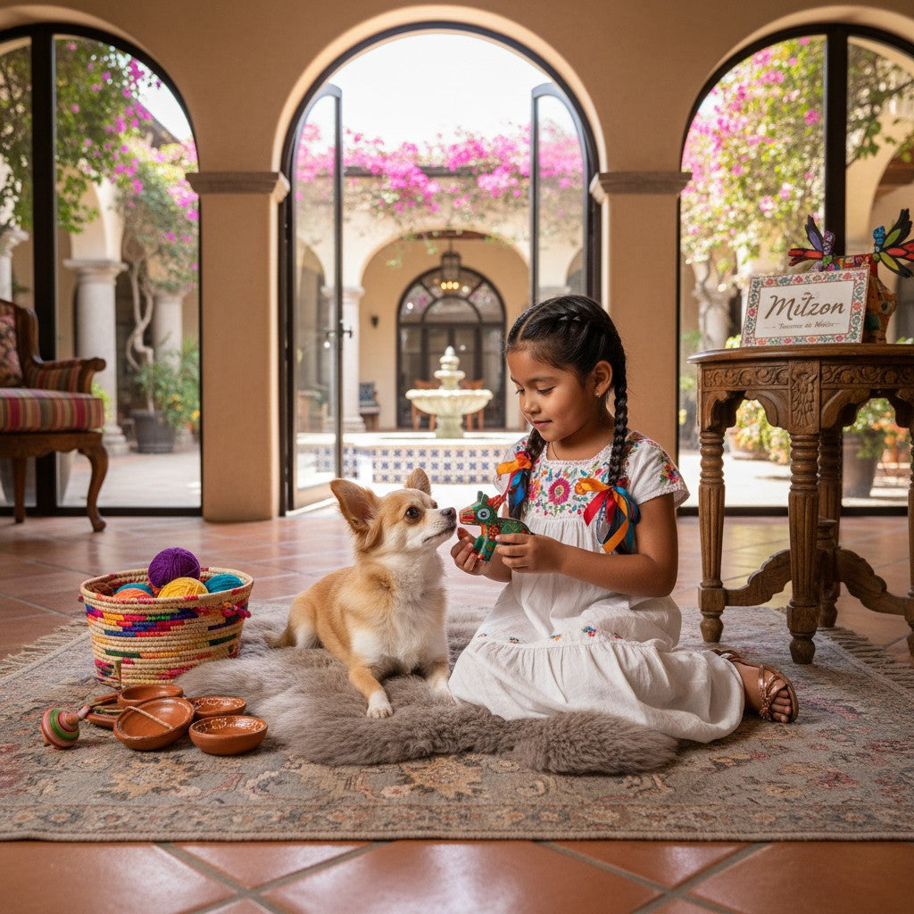 Tapis pour animaux MITZON en peau de mouton greige douce et naturelle, posé sur un sol en terre cuite avec une enfant.
