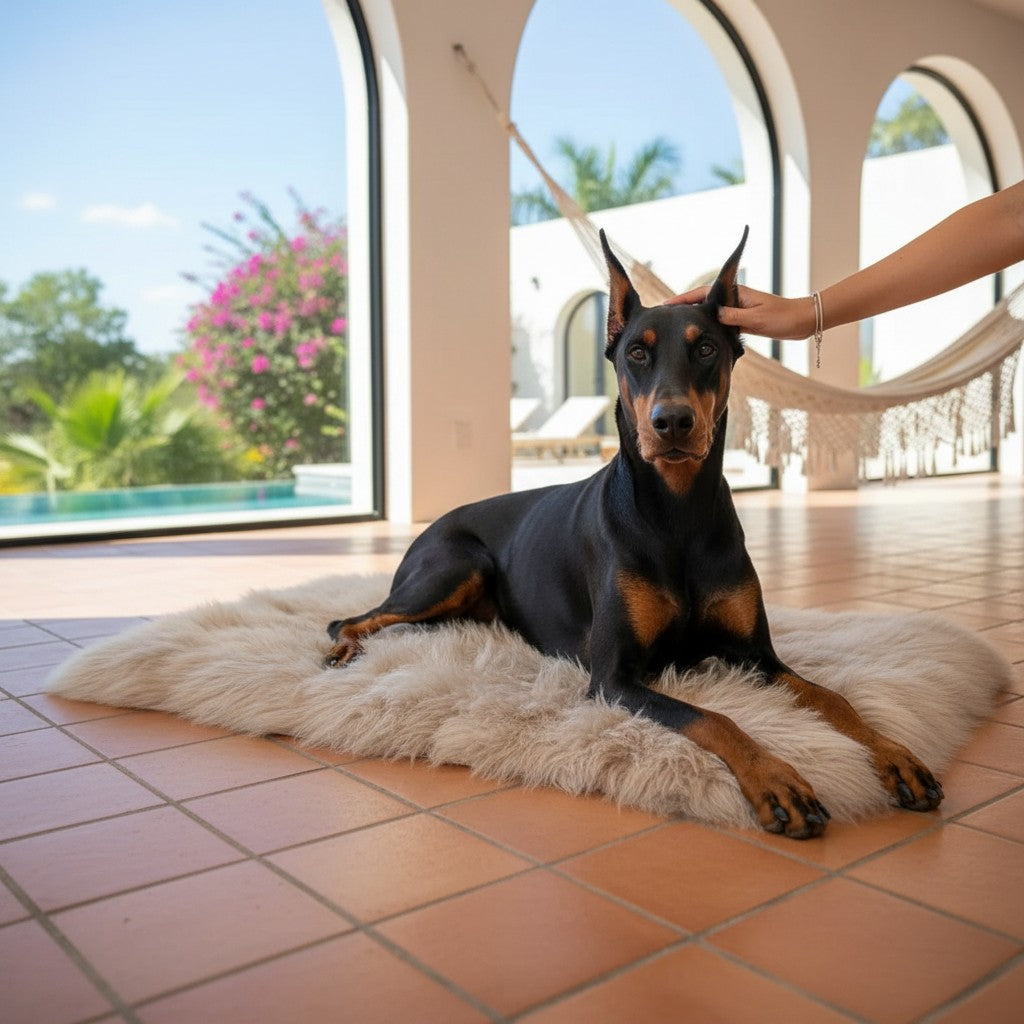 Tapis pour animaux MITZON en peau de mouton greige douce et naturelle, sur lequel repose un chien Doberman.