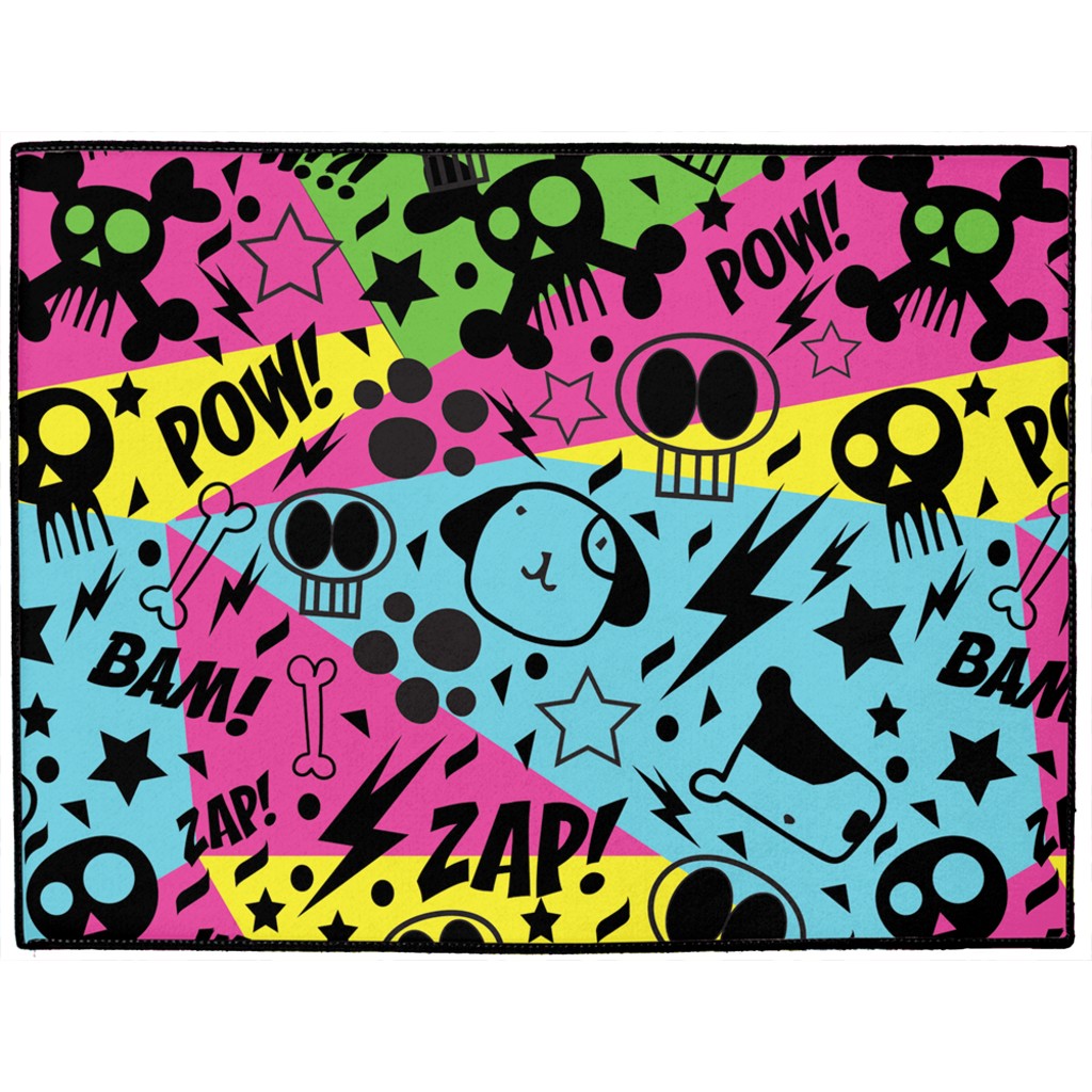 Tapis de sol MITZON pour animaux avec motif pop-art coloré, crânes, éclairs et onomatopées sur fond dynamique.
