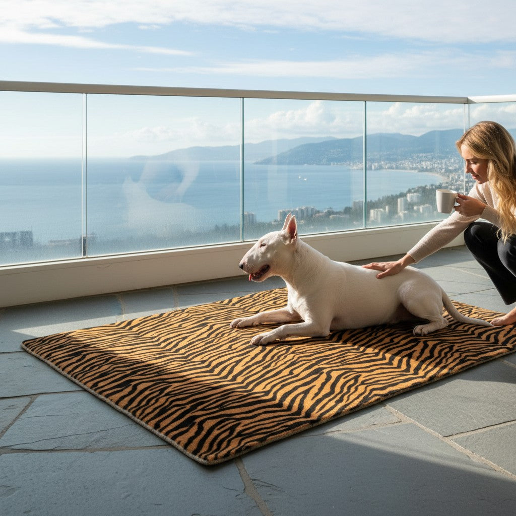 Chien Bull Terrier couché sur un tapis de voyage MITZON à motif tigre noir et doré sur une terrasse avec vue mer