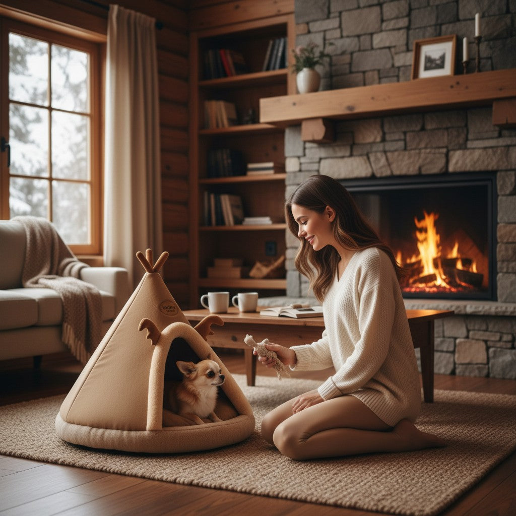 Femme jouant avec un petit chien dans une tente pour animaux MITZON style yourte marron en polyester