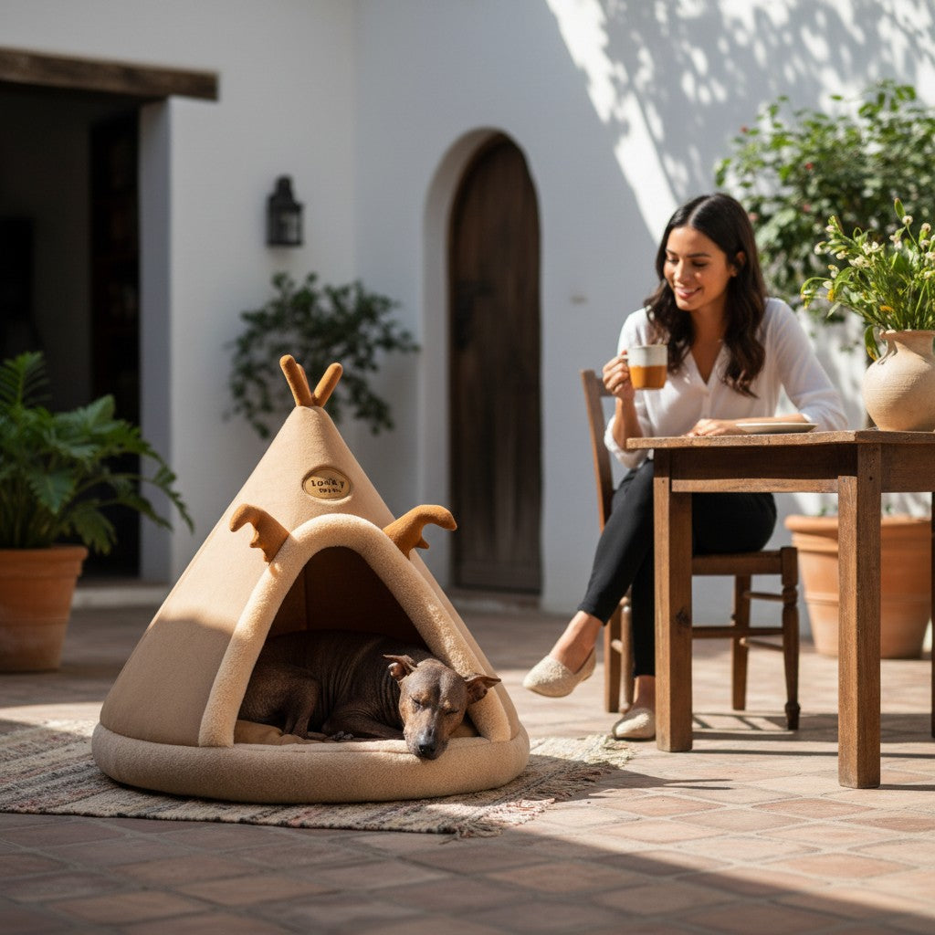 Tente pour animaux MITZON style yourte marron avec motif renne, chien dormant à l'intérieur sur une terrasse ensoleillée