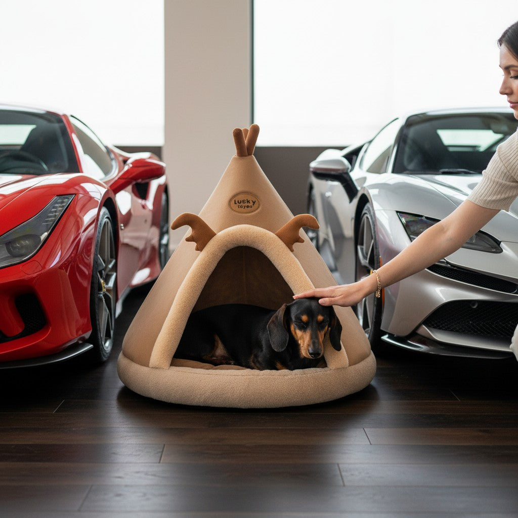Tente pour animaux MITZON style yourte marron avec motif renne, abritant un petit chien dans un garage de luxe
