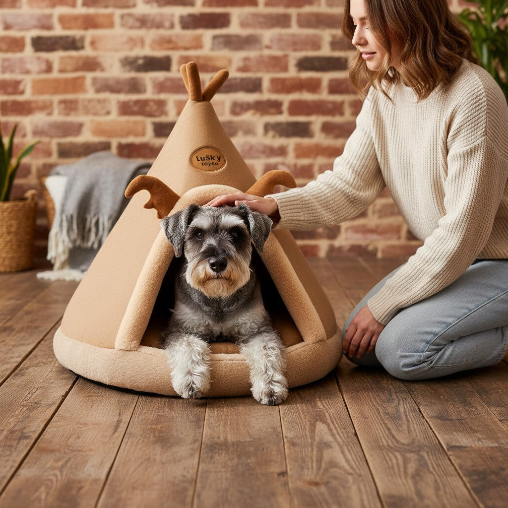 Tente pour animal MITZON style yourte marron avec motif renne, chien Schnauzer à l'intérieur avec une femme