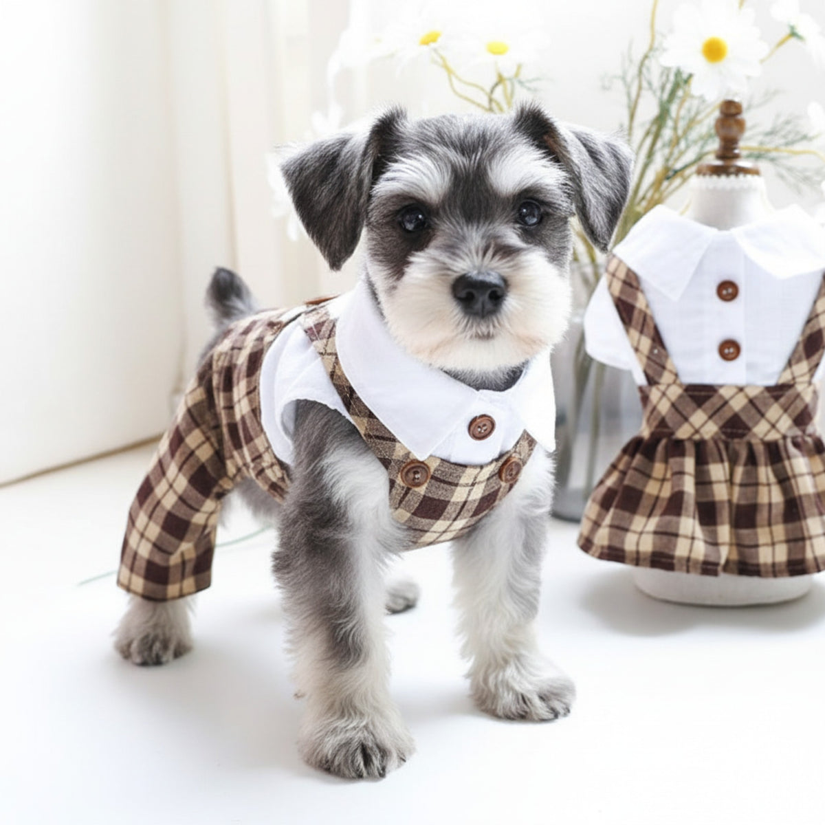 Cachorro Schnauzer con conjunto MITZON cuadros marrón y blanco - cuello camisa y pantalón algodón - moda canina premium