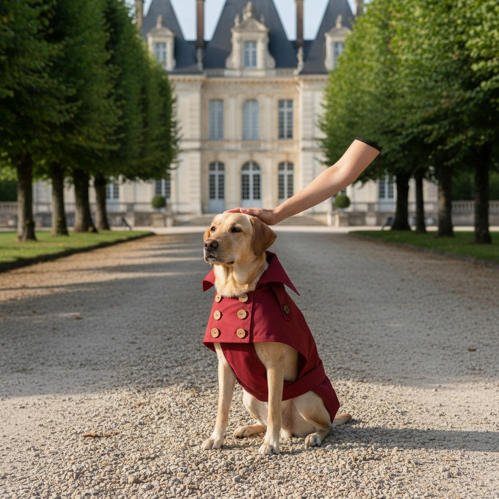 Trench coat pour chien MITZON en coton déperlant bordeaux avec boutons en noix de coco, porté par un labrador