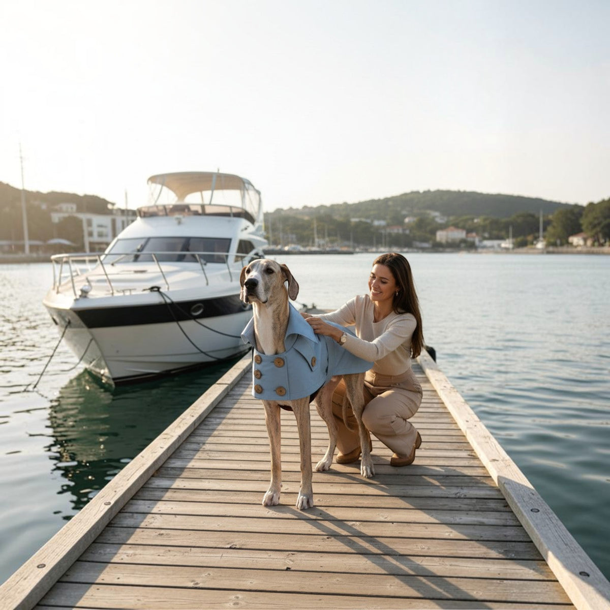 Chien portant un trench-coat MITZON bleu clair en coton déperlant avec boutons en noix de coco sur un ponton