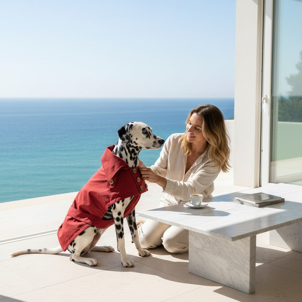 Chien dalmatien portant un trench-coat imperméable bordeaux MITZON avec boutons en noix de coco sur une terrasse.