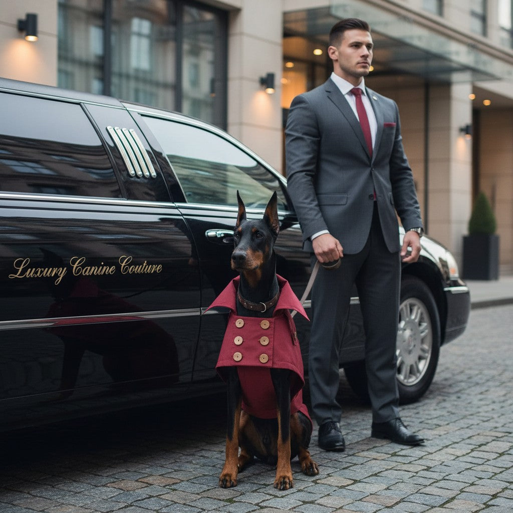 Chien Doberman portant un trench-coat MITZON bordeaux déperlant avec boutons en noix de coco, près d'une limousine.