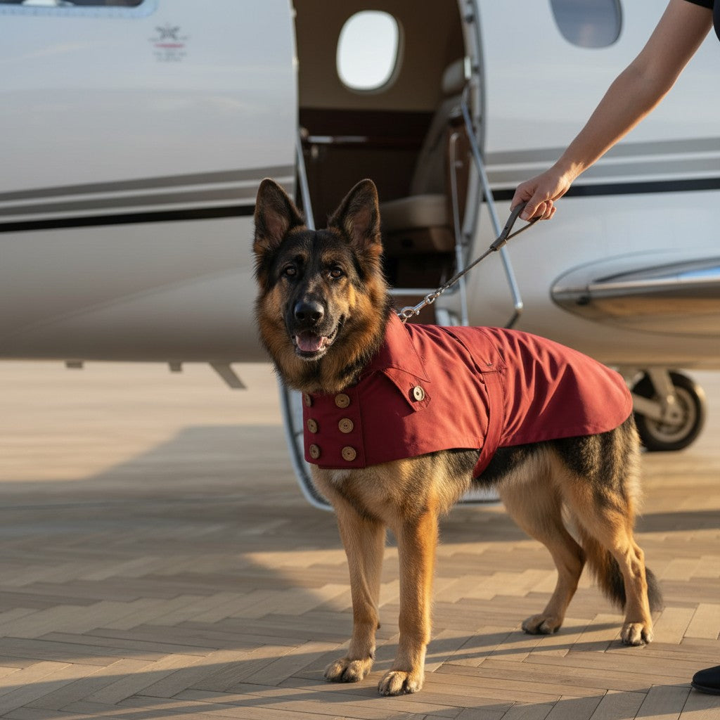 Berger allemand portant un trench-coat imperméable bordeaux MITZON avec boutons en noix de coco sur un tarmac d'aéroport