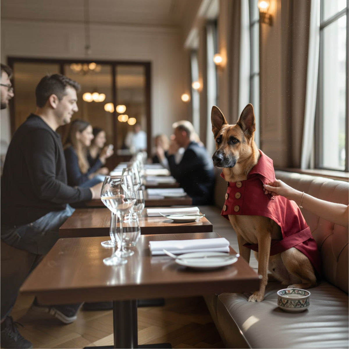 Chien berger allemand portant un trench-coat MITZON rouge bordeaux en coton déperlant avec boutons en noix de coco