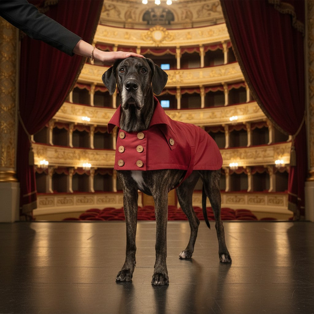 Chien grand danois portant un trench-coat MITZON rouge bordeaux en coton déperlant avec boutons en noix de coco sur scène
