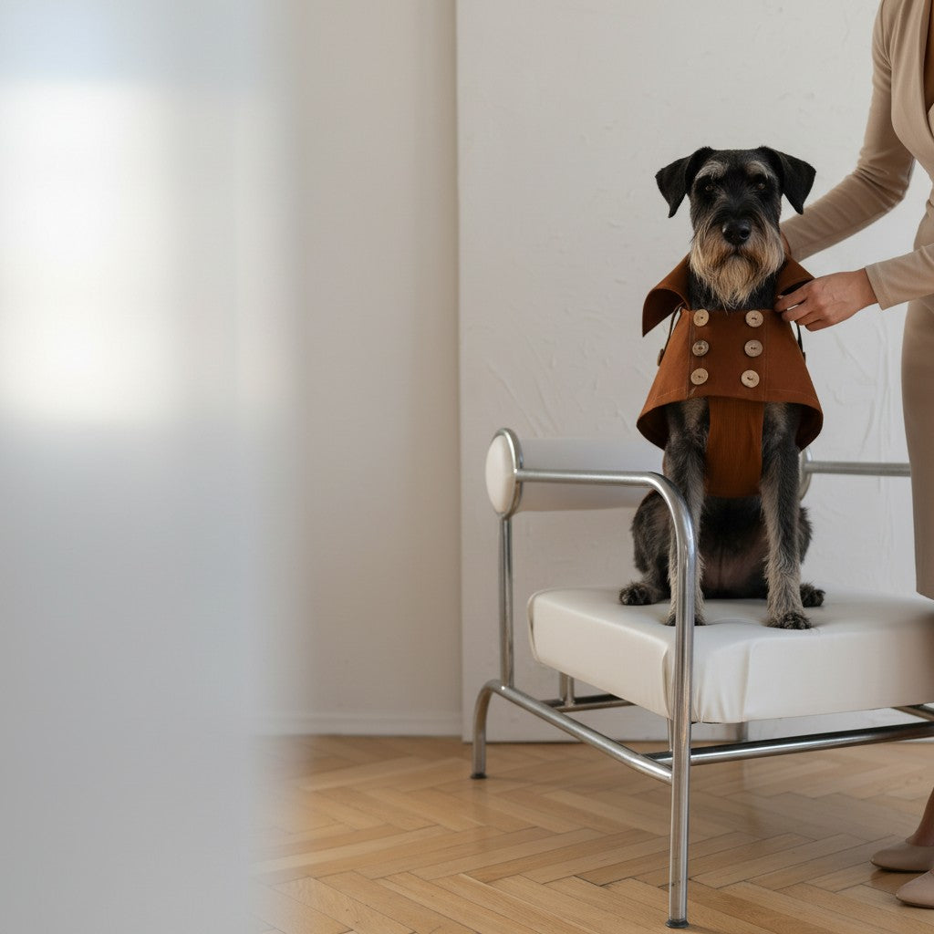 Chien Schnauzer portant un trench-coat imperméable marron chocolat MITZON avec boutons en noix de coco