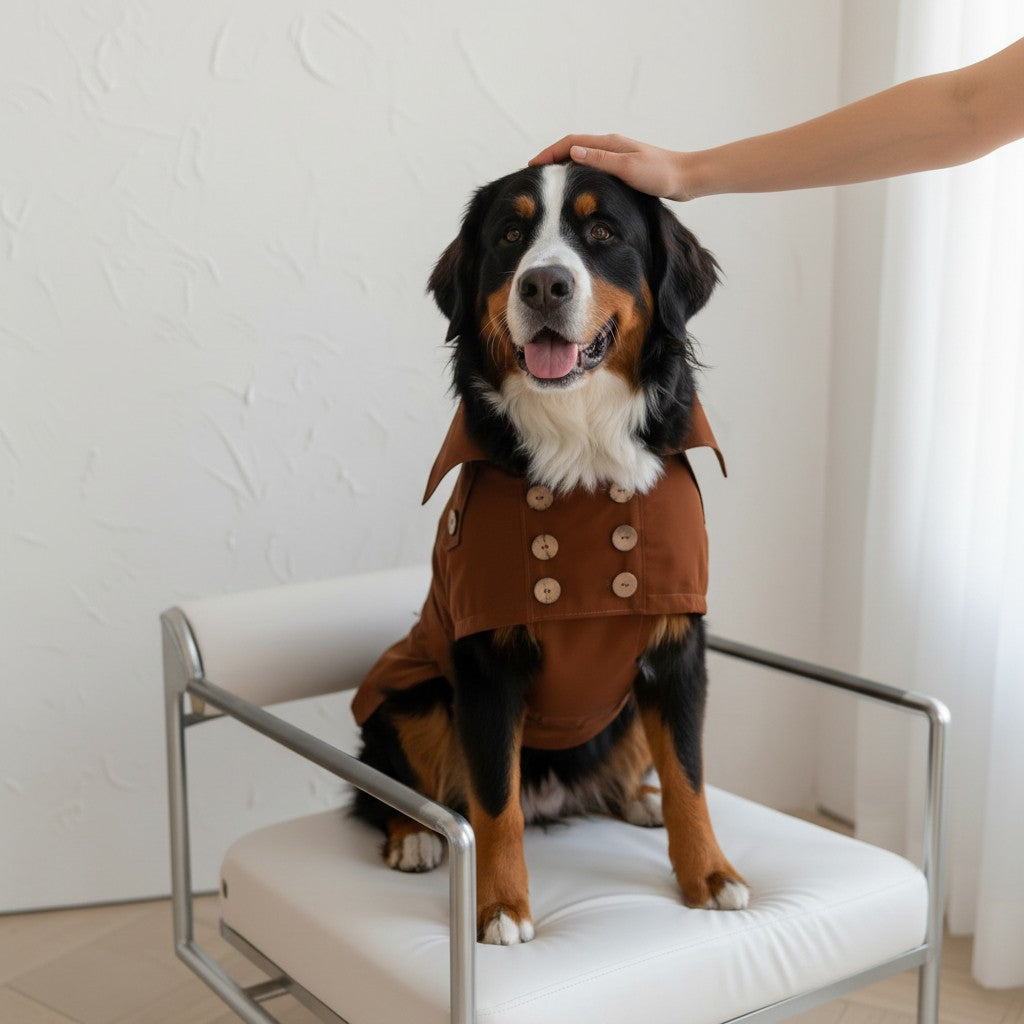 Chien bouvier bernois portant un trench-coat imperméable marron chocolat MITZON avec boutons en noix de coco