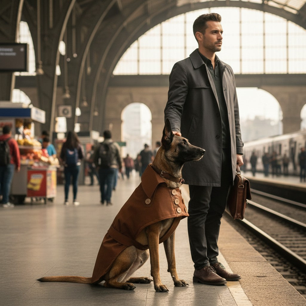 Chien portant un trench-coat imperméable marron chocolat MITZON avec boutons en noix de coco sur un quai de gare