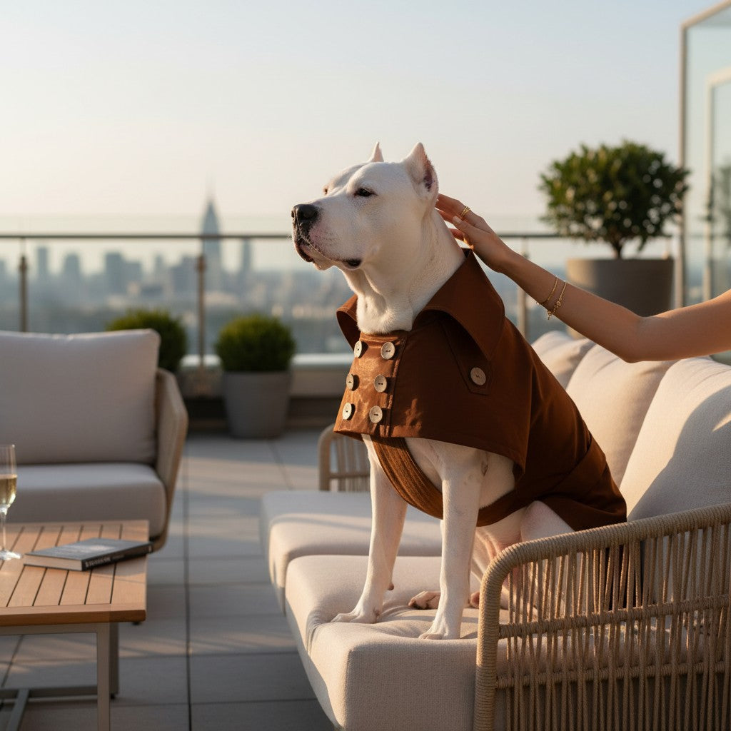 Chien blanc portant un trench-coat MITZON marron chocolat en coton déperlant avec boutons en noix de coco sur une terrasse