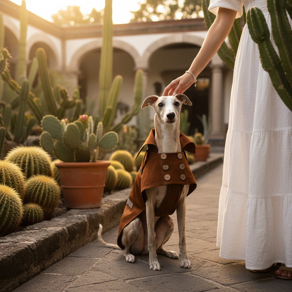 Chien portant un trench-coat imperméable marron chocolat MITZON avec boutons en noix de coco dans un jardin de cactus