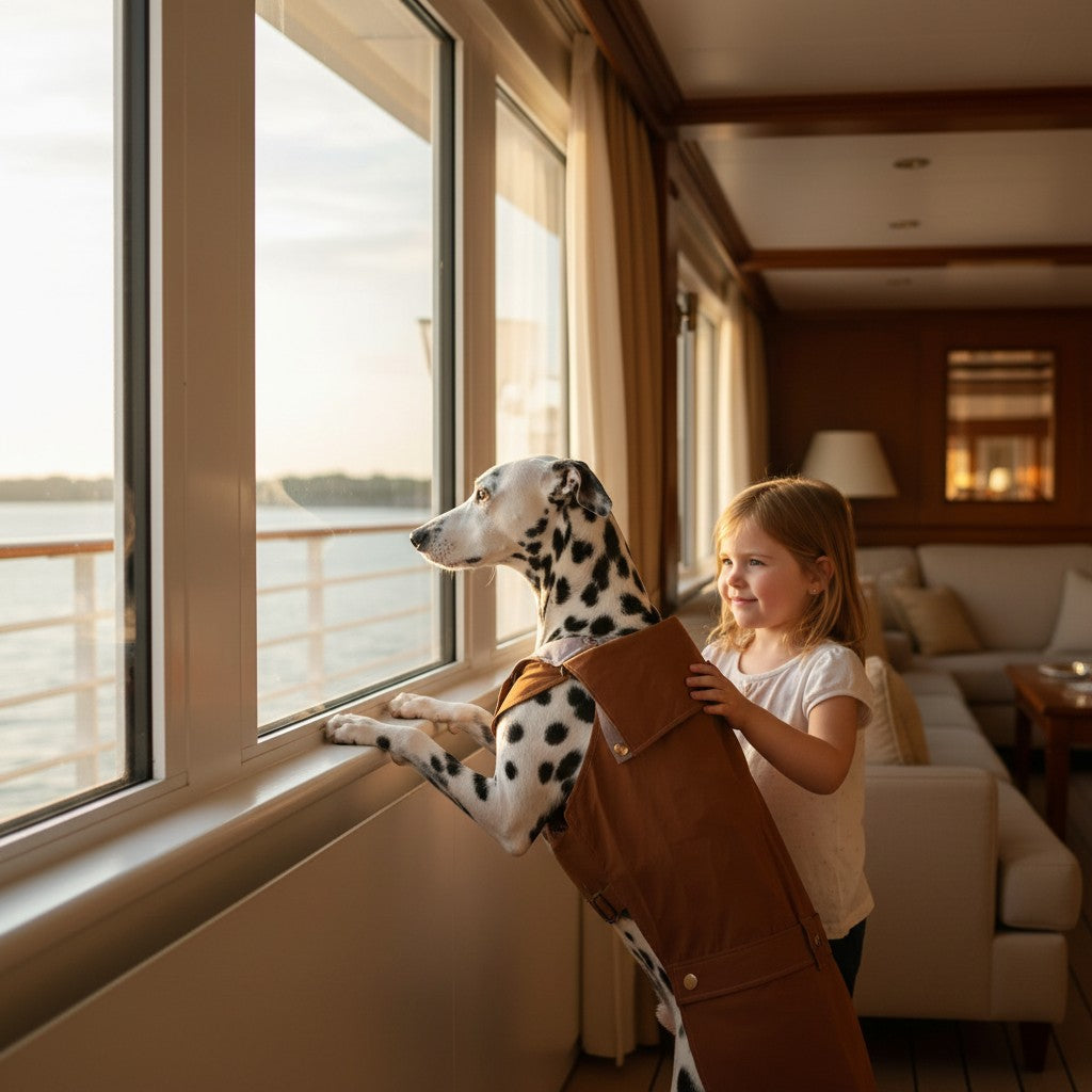 Chien dalmatien portant un trench-coat imperméable marron chocolat MITZON avec une petite fille près d'une fenêtre