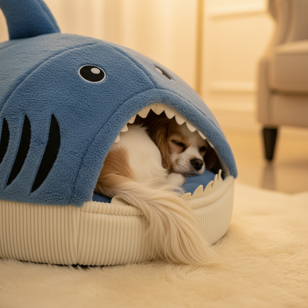 Cama Acogedora para Mascotas con Forma de Tiburón para Gatos y Perros
